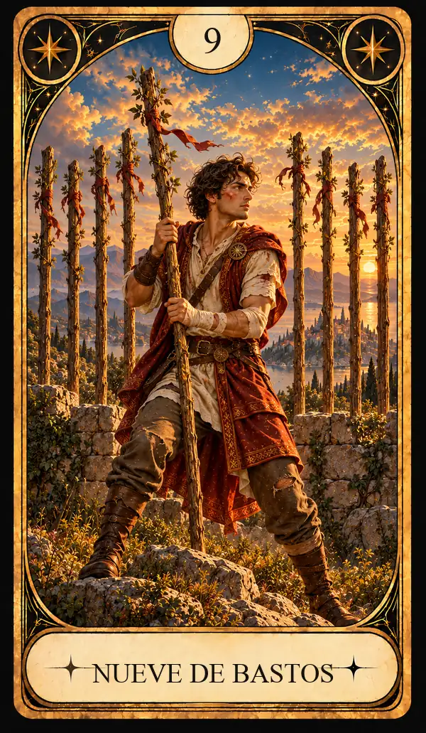 Carta del Tarot Nueve de Bastos