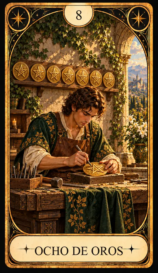 Carta del Tarot Ocho de Oros