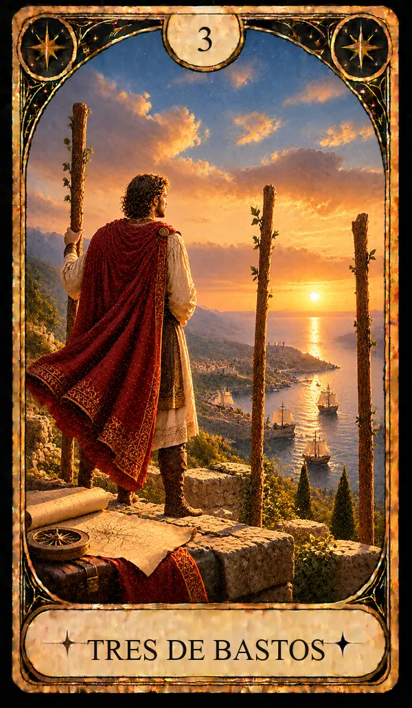 Carta del Tarot Tres de Bastos